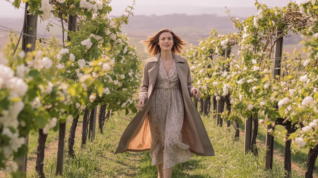 Spring winery outfit featuring a floral dress and trench coat.
