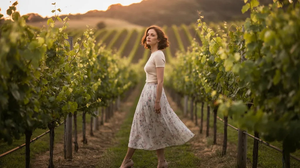 Romantic winery date outfit with a floral midi skirt.