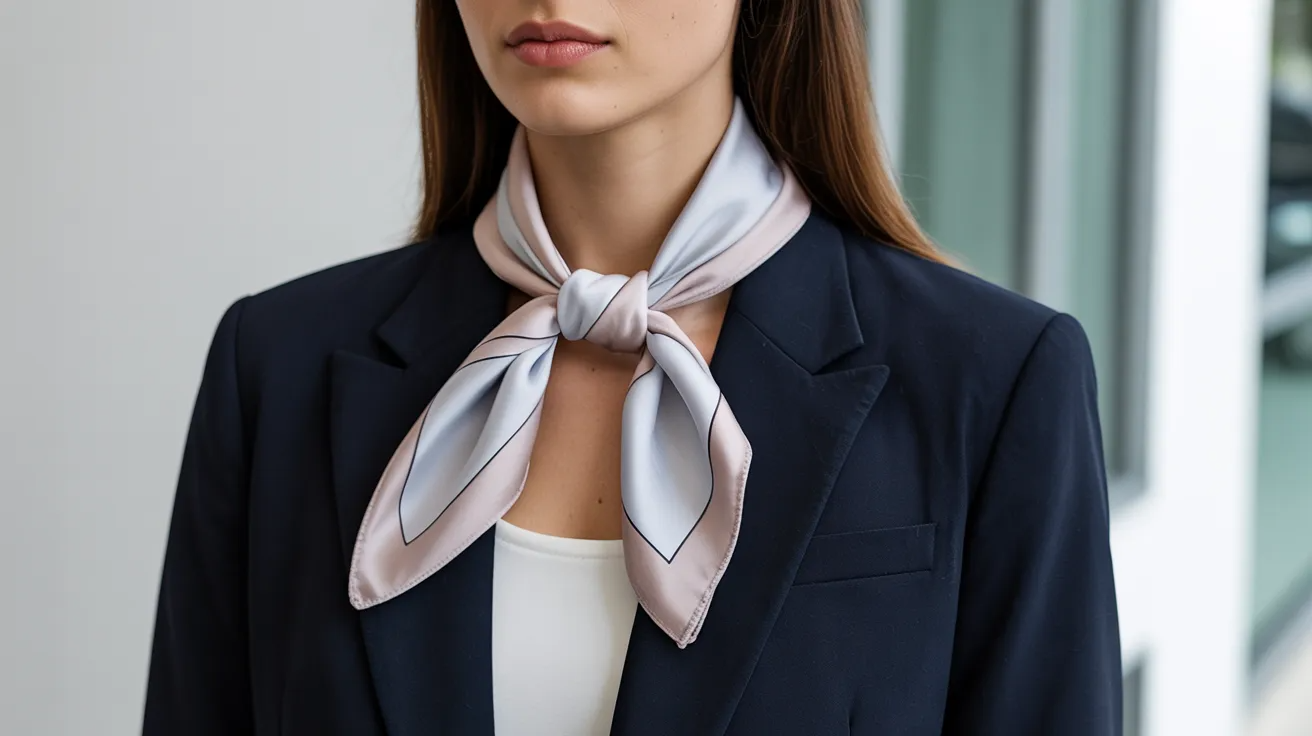 Square scarf looped and tied neatly for structured office outfit.
