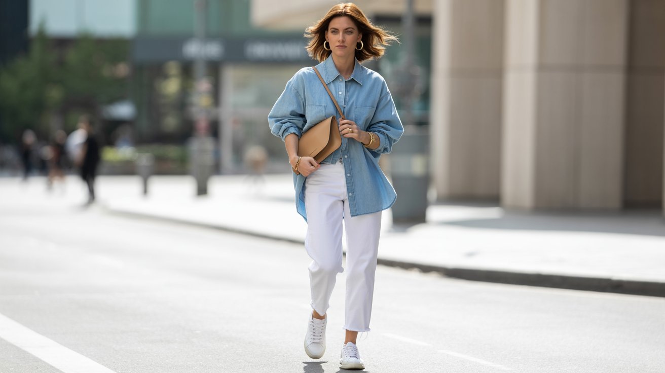 Oversized denim shirt paired with white jeans, sneakers, and minimalist accessories outdoors