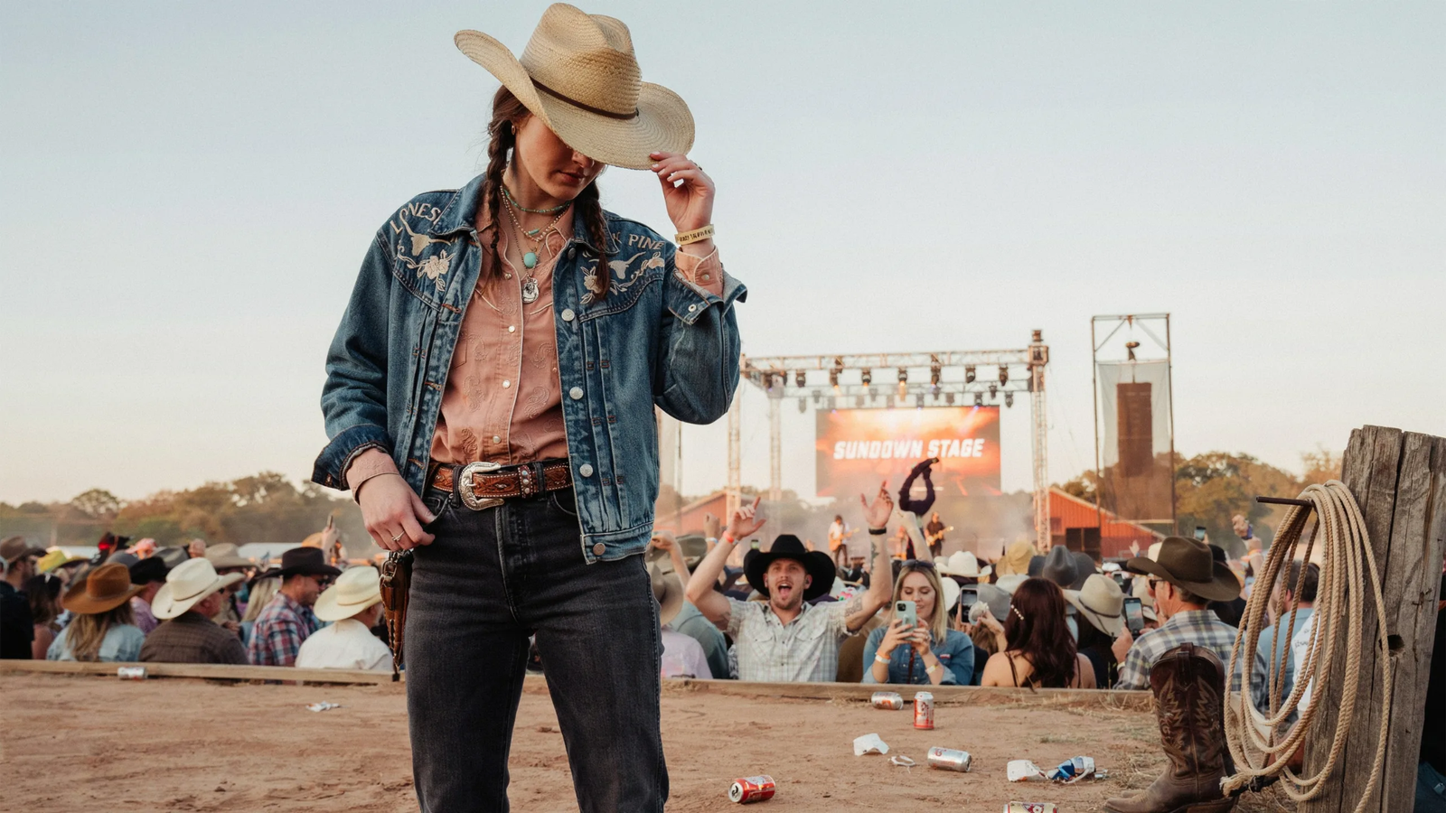 Western-influenced outfit suitable for a country music concert.