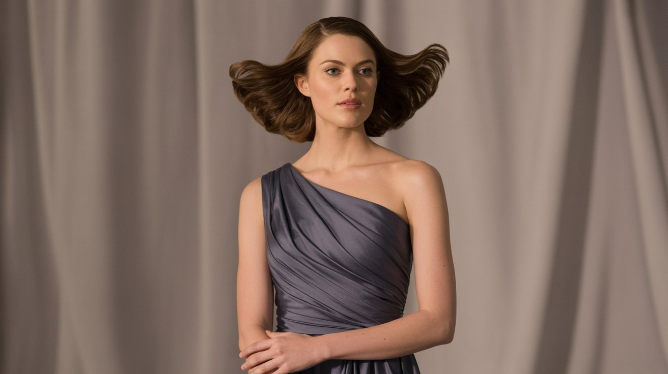 "Woman in a one-shoulder dress with asymmetrical side-swept waves creating balanced elegant styling"