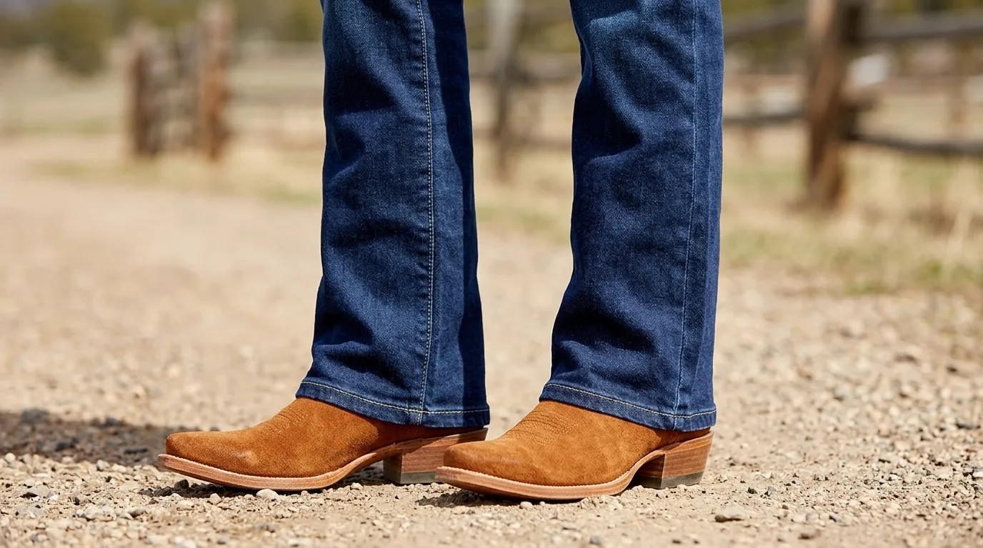 Bootcut jeans paired with cowboy boots for an authentic Western look.