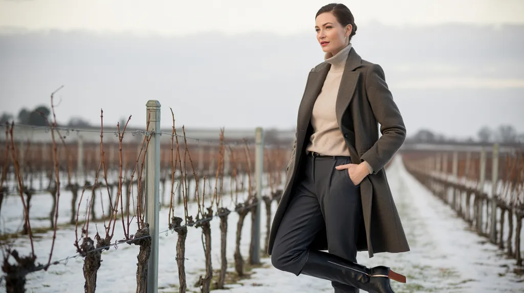 Winter winery outfit featuring a coat and knee-high boots.
