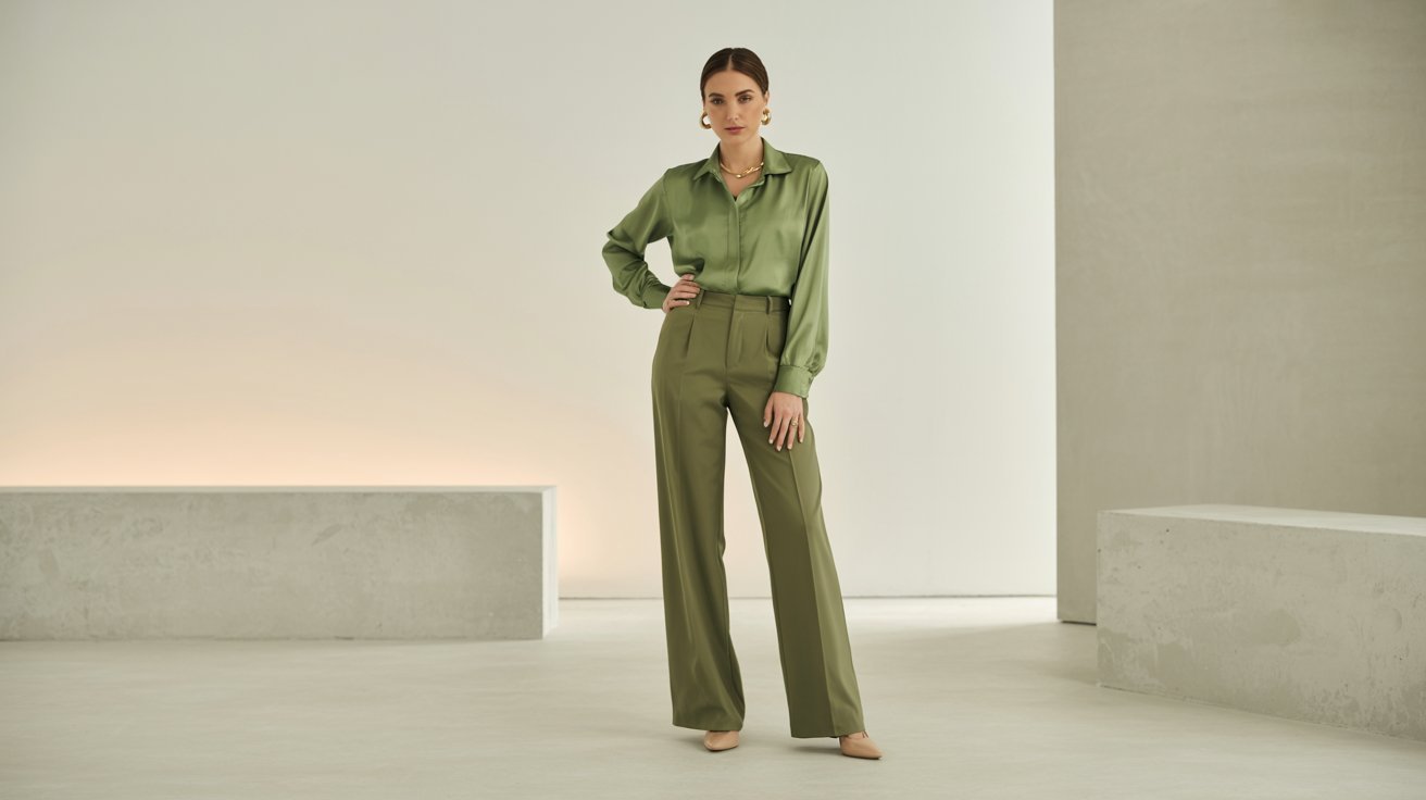 Monochromatic outfit featuring olive green pants and coordinating green top stylishly