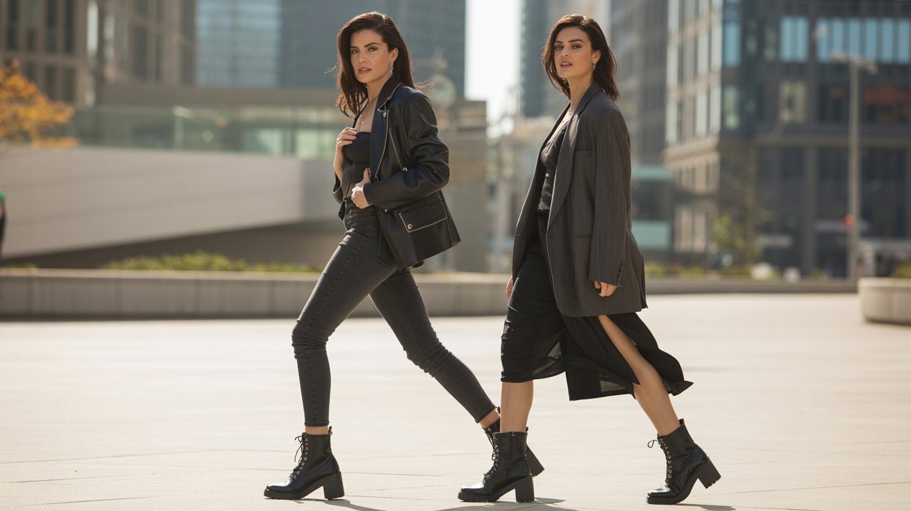 Boldly styled woman wearing combat boots with chic outfits on modern urban street backdrop.
