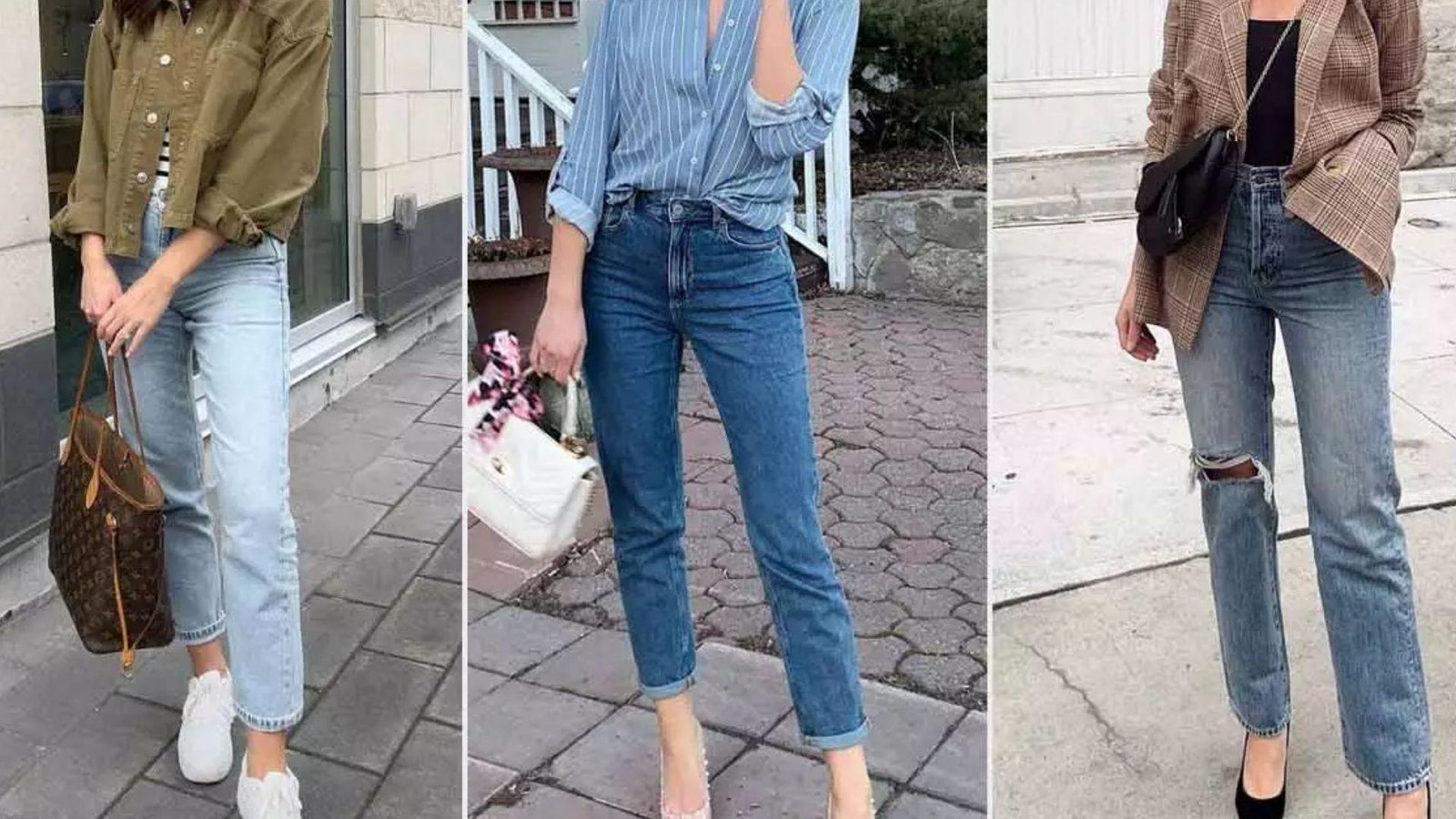 Three chic outfits featuring women wearing straight-leg jeans styled with casual shirts, blazers, and handbags.
