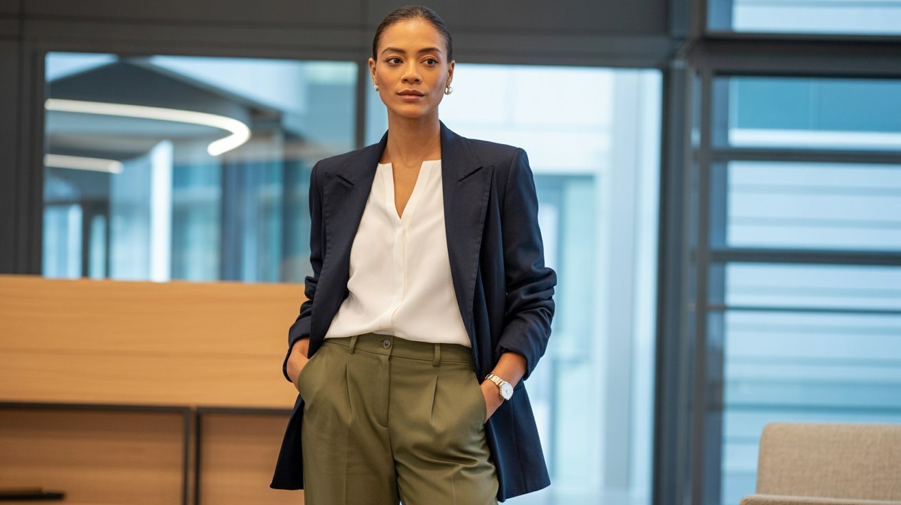 Olive green pants with navy blazer creating professional office ready outfit