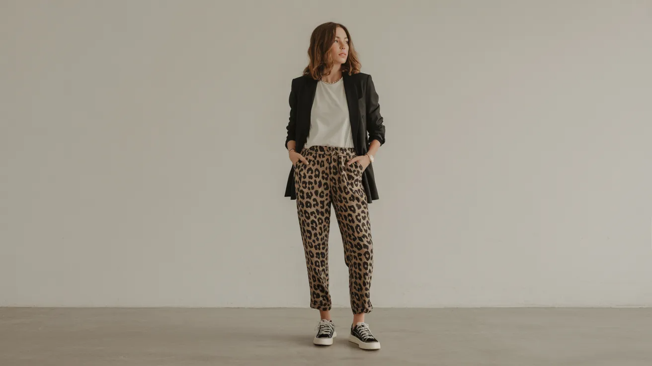 Leopard pants styled as a versatile neutral piece in simple chic outfits.