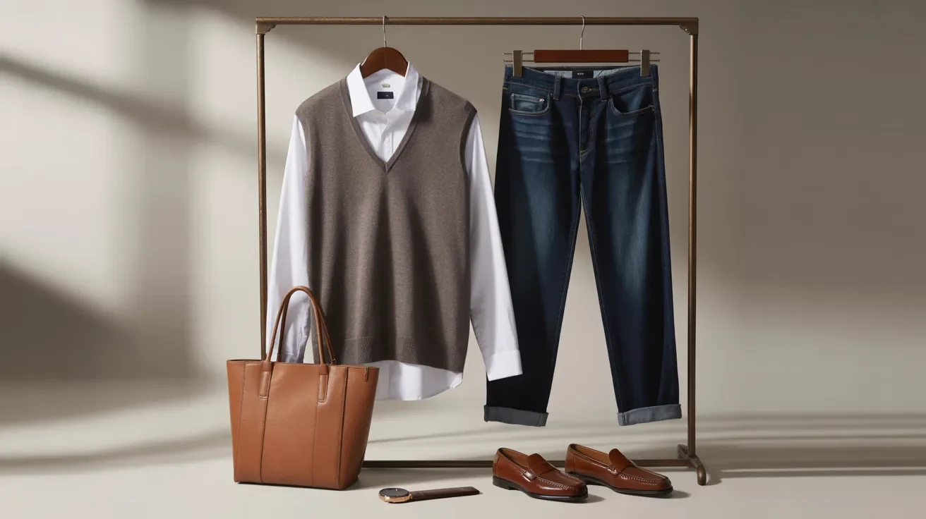 Unisex elevated casual outfit perfect for an informal meeting, blue washed denims with crisp white shirt and a brown sweater.