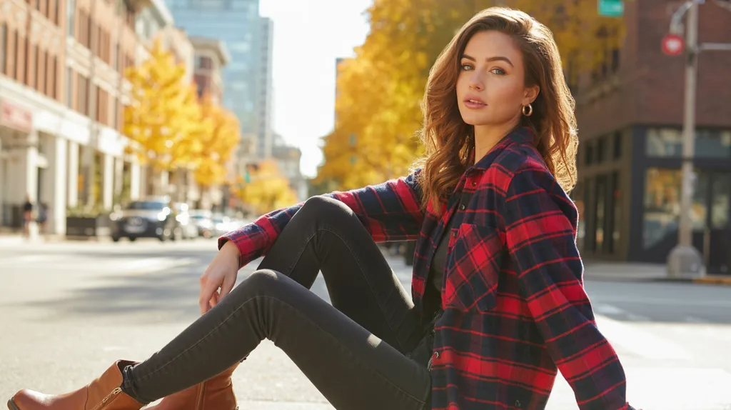 Girl wearing a plaid flannel shirt styled with different fashionable outfit combinations.