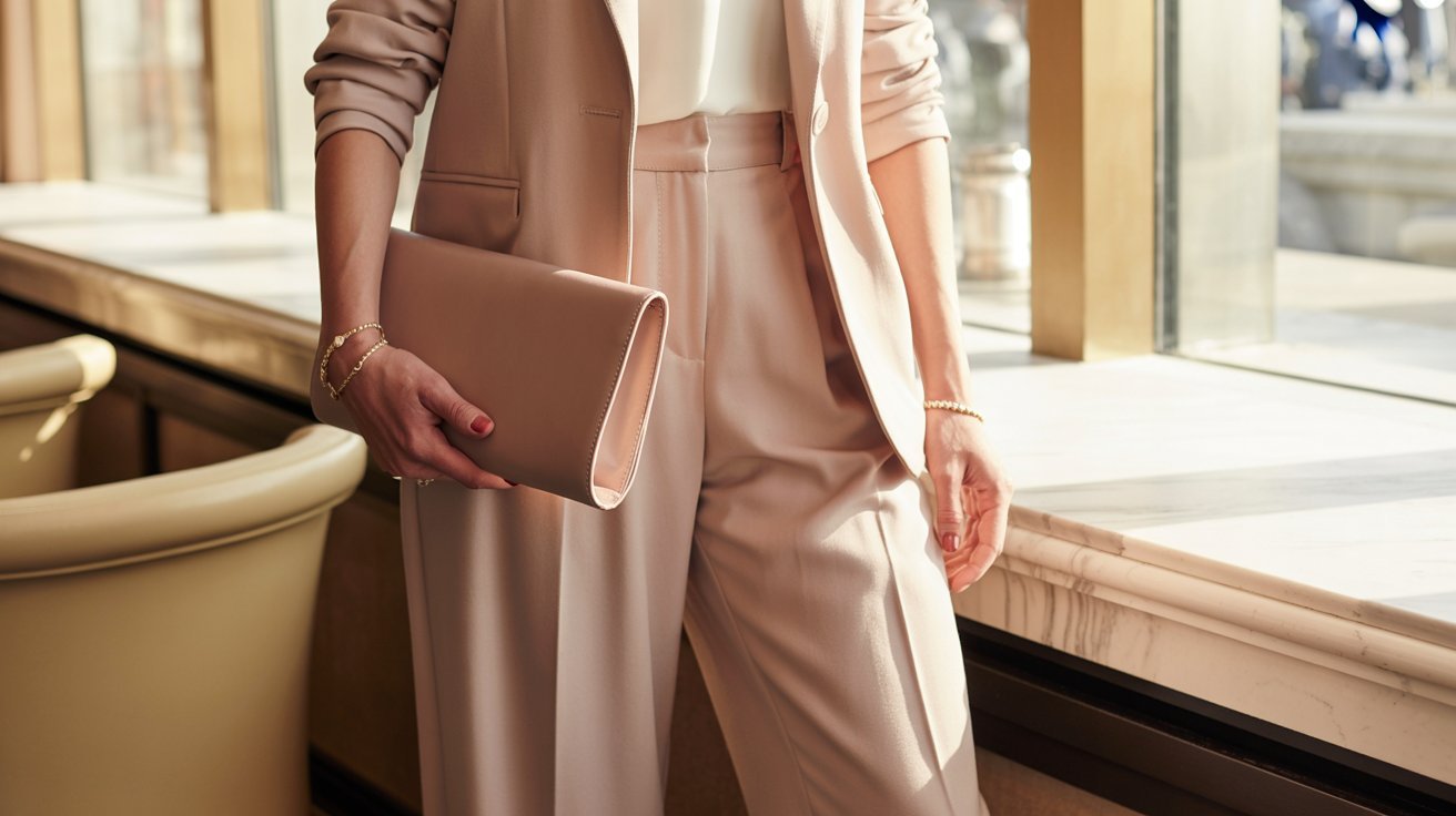 Woman in a monochrome trouser set attending a sophisticated daytime luncheon
