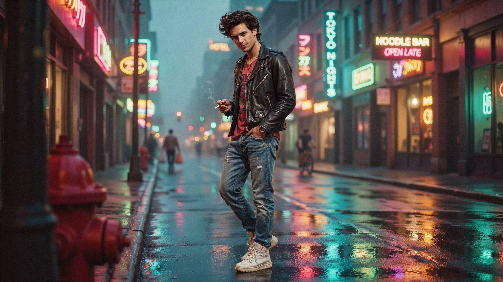 "Man wearing stylish 80s-inspired mens fashion with leather jacket, acid wash jeans, and retro streetwear in an urban setting"