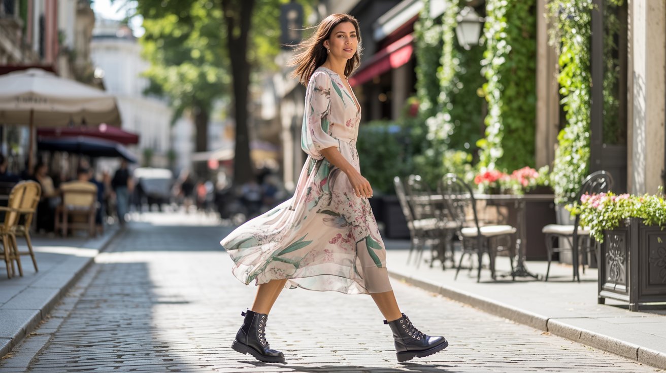 Floral midi dress paired with black combat boots creating a feminine edgy contrast.