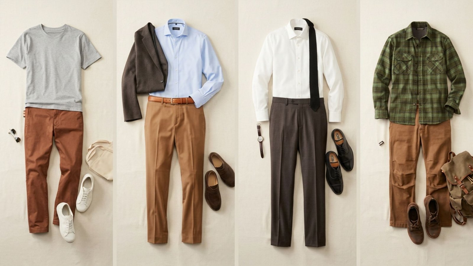 A collection of men's outfits and footwear designed to complement brown pants for various events and settings.