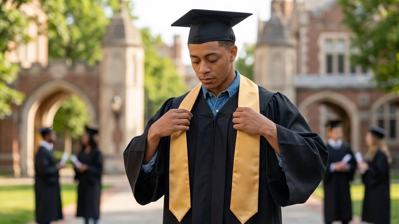 Graduate positioning stole evenly around neck with balanced lengths on both sides.