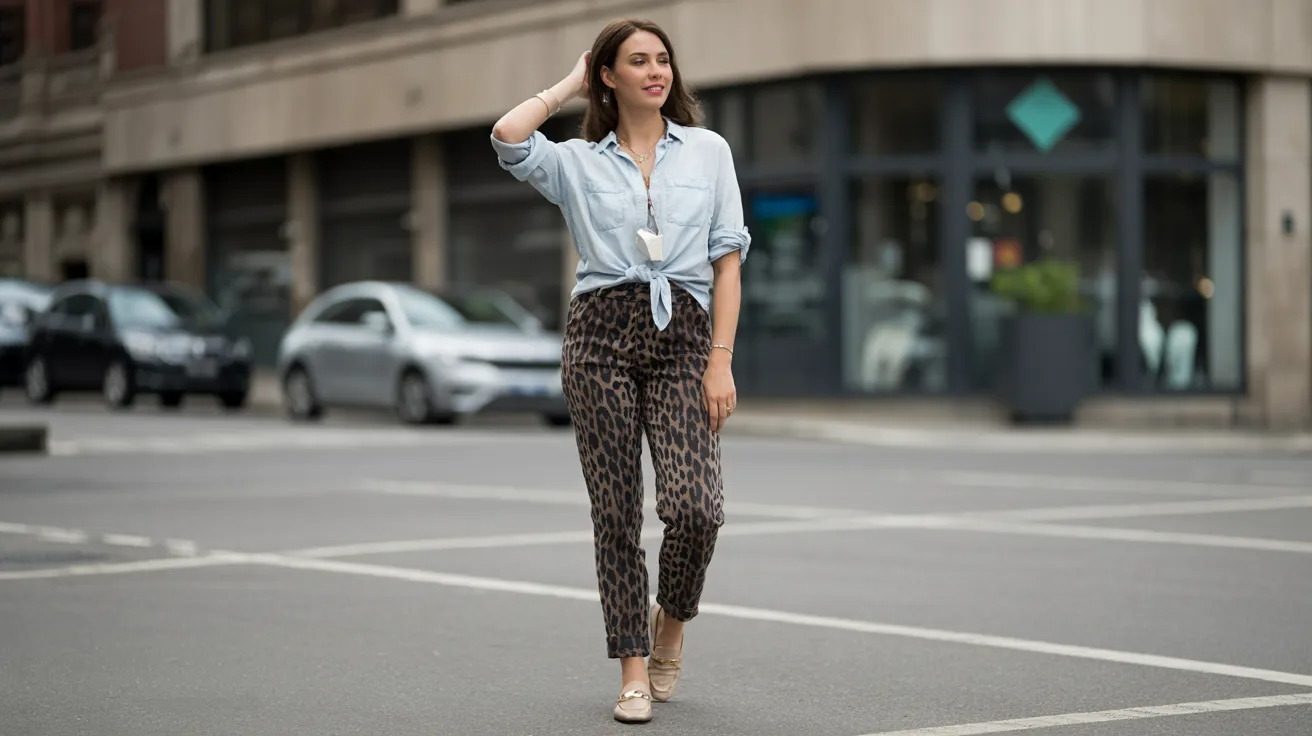Leopard pants with chambray shirt and loafers for an easy casual look.