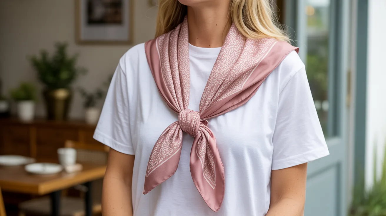 Square scarf tied in classic front knot over casual outfit.