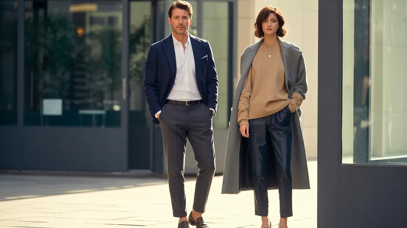 Man and woman wearing polished elevated casual outfits with structured pieces and premium fabrics.