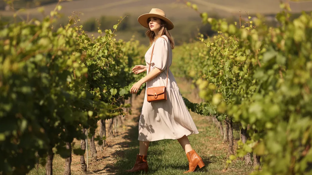 Woman wearing a stylish winery outfit while walking through a vineyard.
