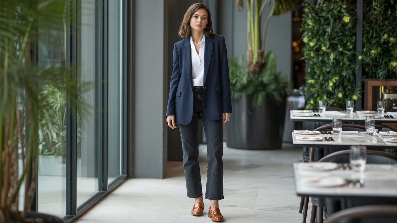 Woman in tailored blazer and straight-leg jeans at a smart casual luncheon