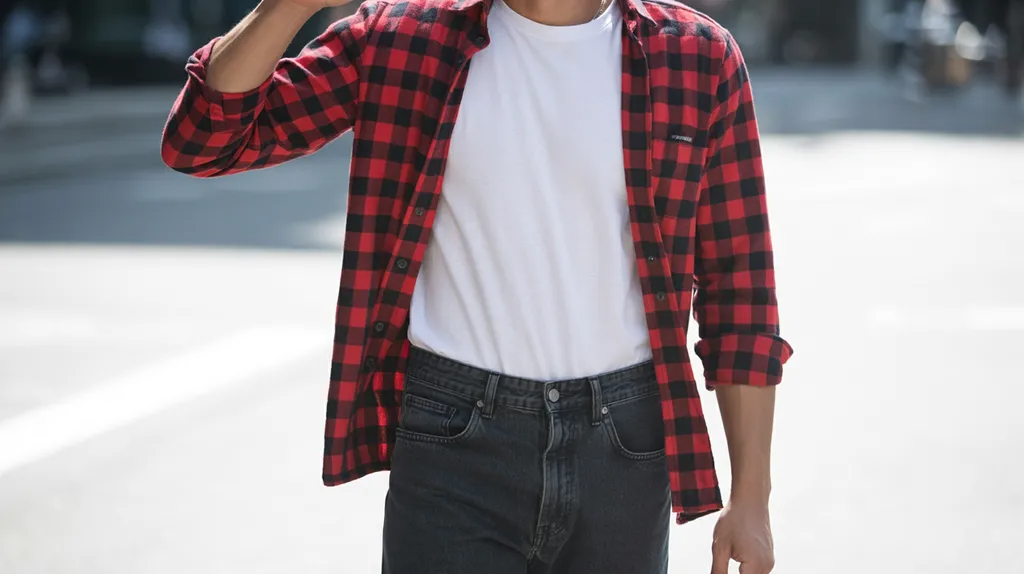 Plaid flannel layered over a basic white t-shirt.