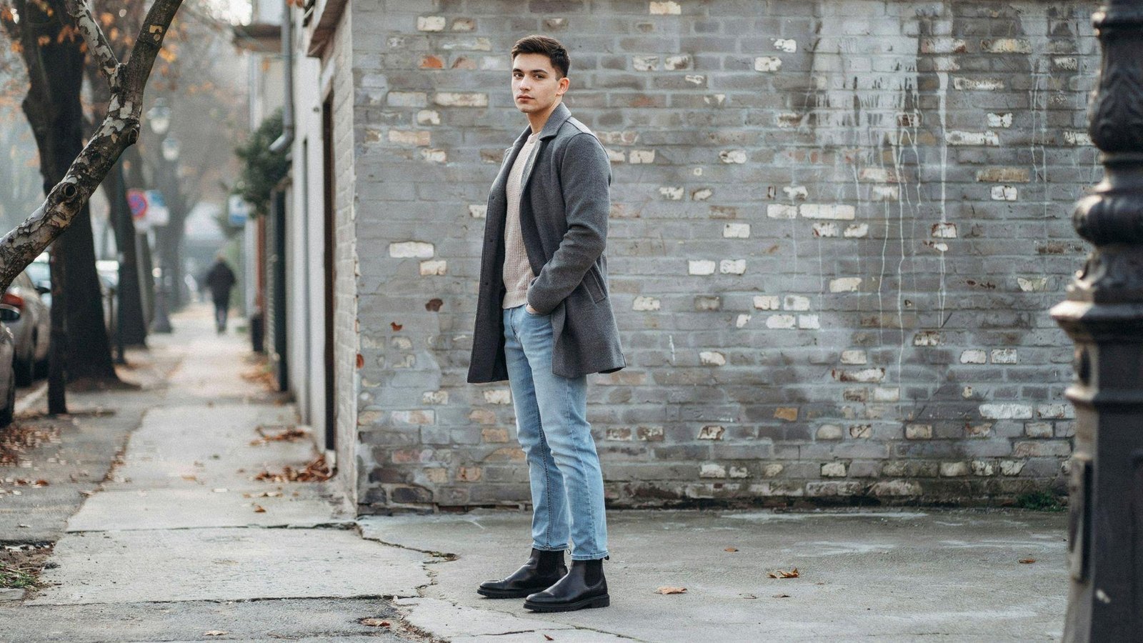 "Young man wearing light blue jeans styled with black Chelsea boots and a neutral layered outfit in an urban fall setting."