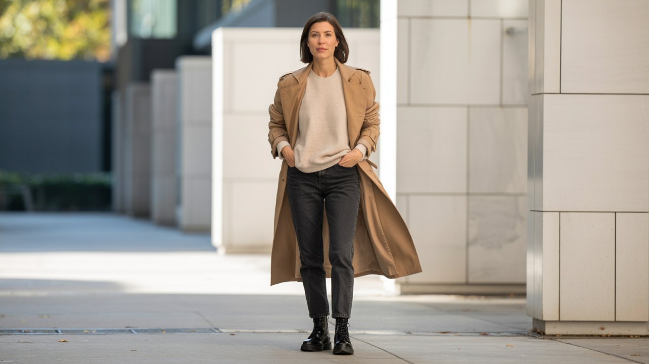 Trench coat layered with combat boots for timeless transitional weather styling.