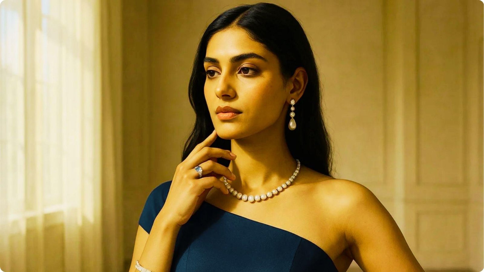 Portrait of a woman in a one-shoulder navy dress wearing pearl drop earrings, a pearl necklace, and a sapphire ring.