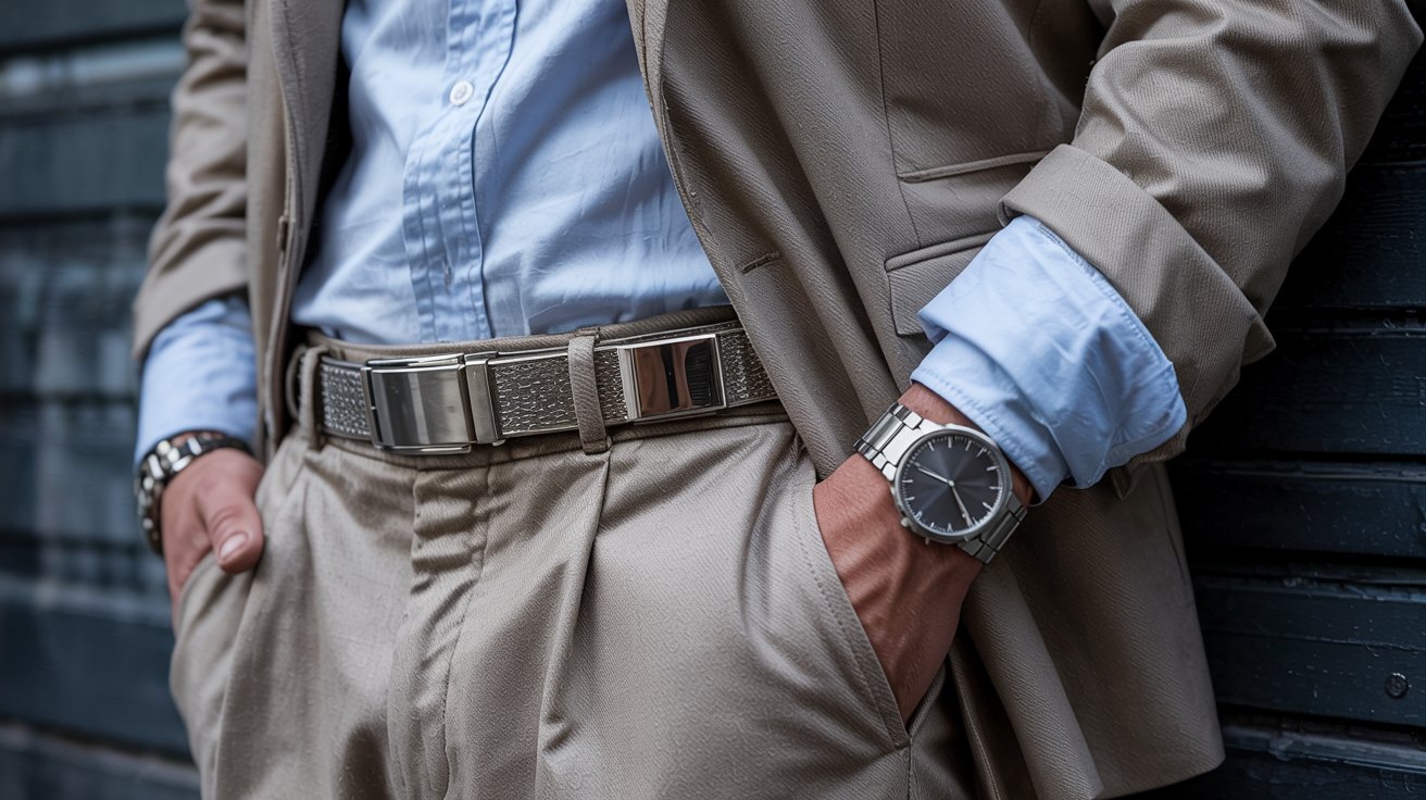 - Close-up of a man in a beige suit and light blue shirt wearing a metallic belt and wristwatch with hands in pockets.