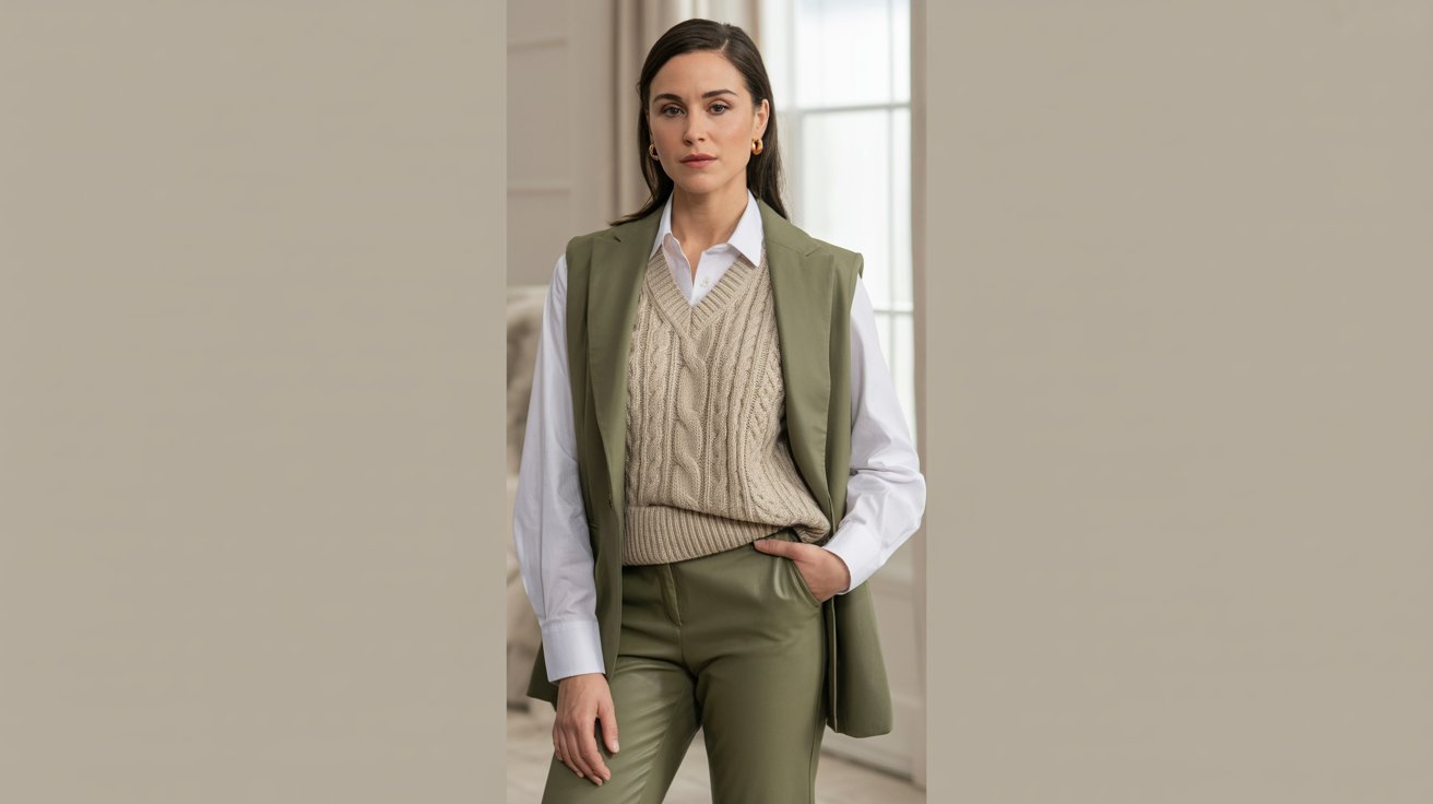 Olive green pants with cream sweater vest creating soft layered seasonal outfit