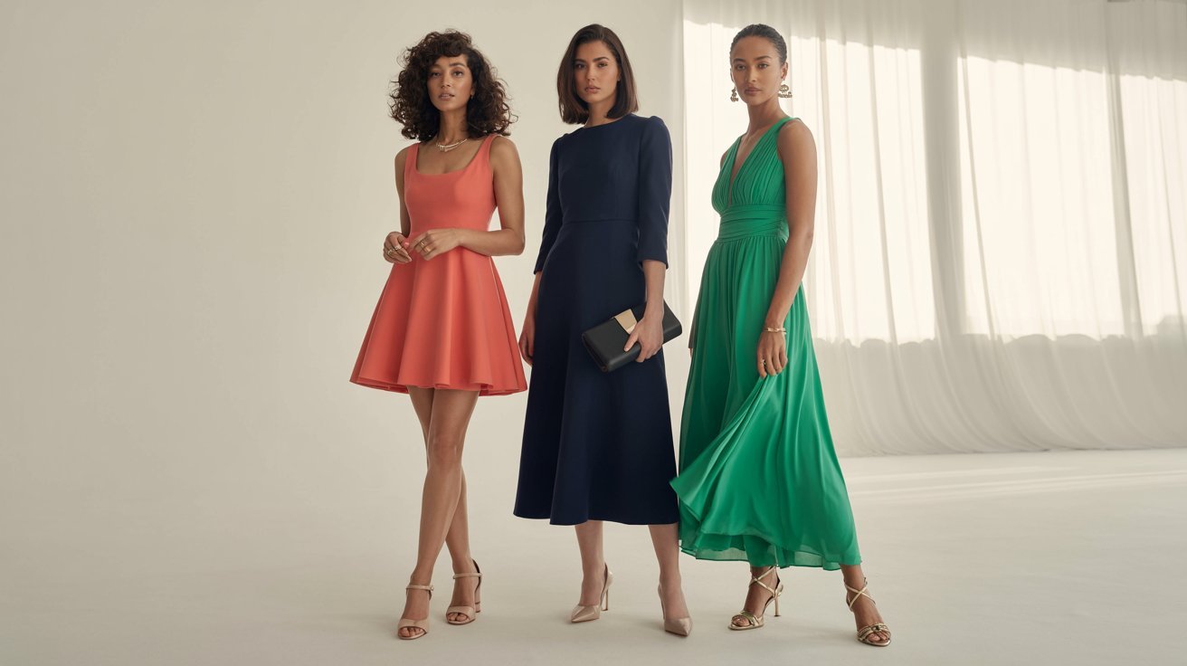 "Comparison of mini, midi, and maxi dress lengths on women showing different styles and fashion moods in a realistic setting."