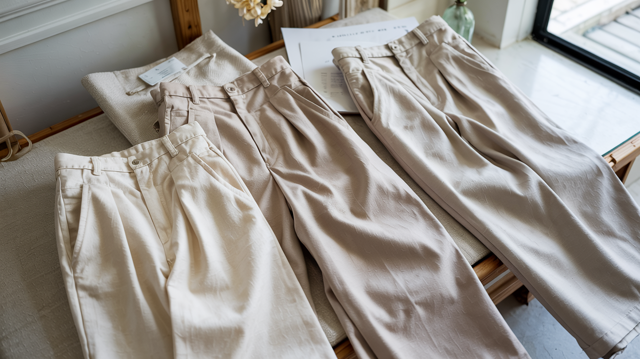 Neutral wide-leg trousers in soft fabrics displayed neatly, emphasizing a relaxed and elegant coastal-inspired wardrobe style.