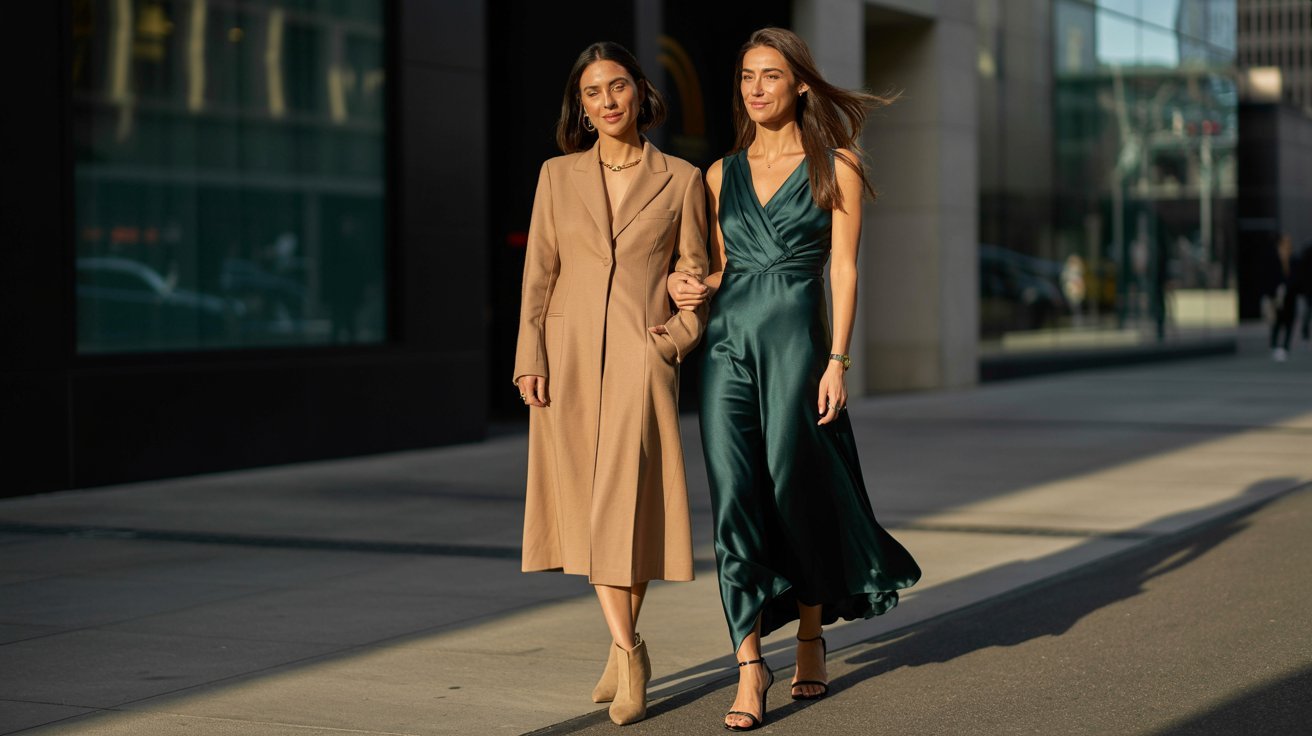 "Woman wearing a midi dress beside a woman in a maxi dress showing the style and length differences in a realistic fashion setting."