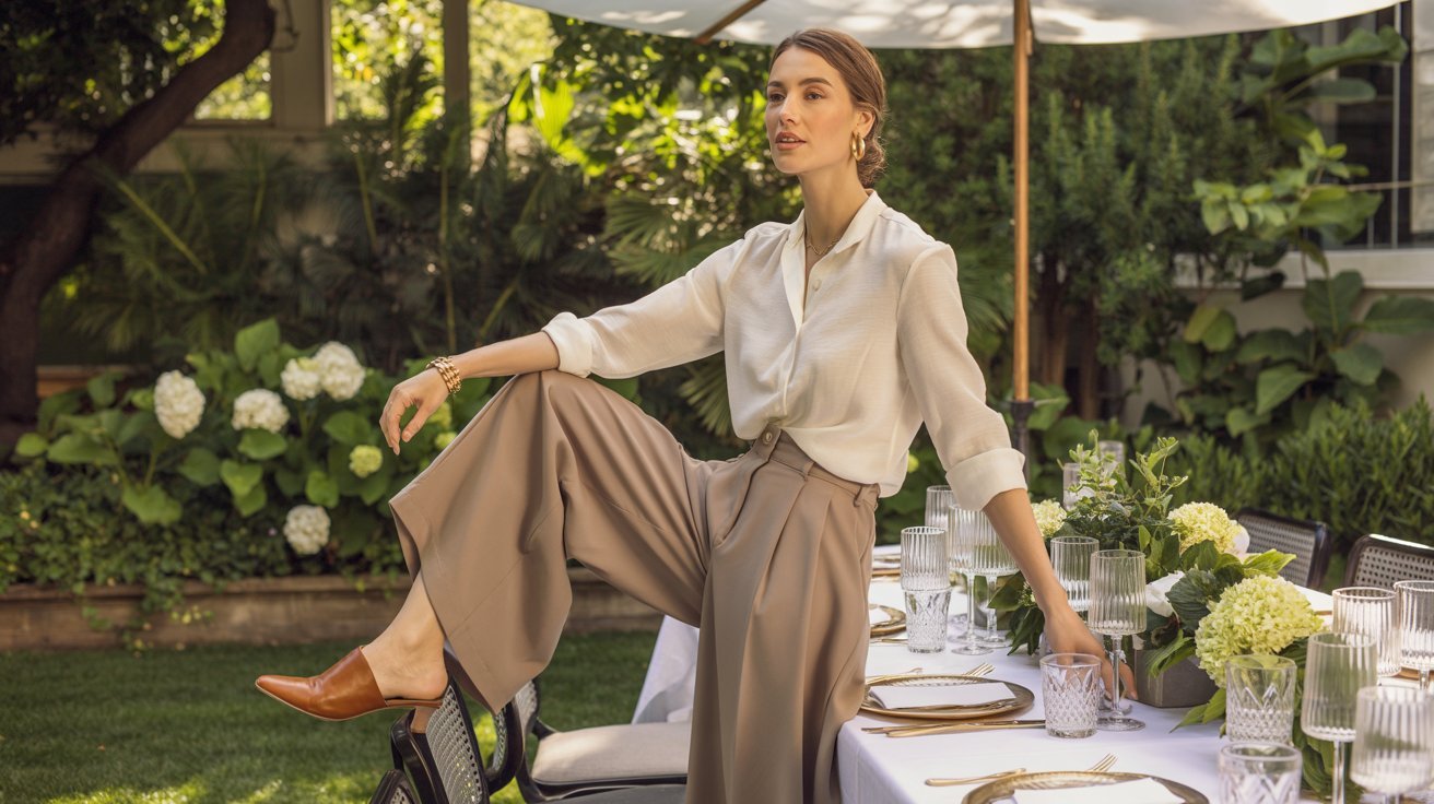 Woman in linen blouse and wide-leg trousers at a stylish outdoor luncheon