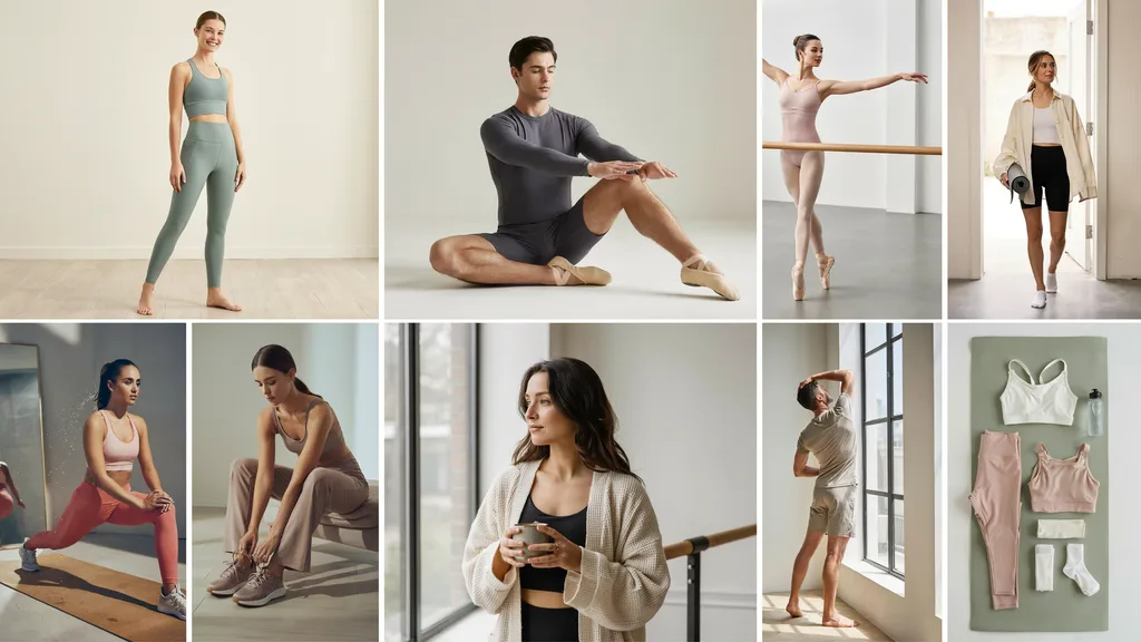 Collage of Pilates outfits showing different styles for men and women in modern studio and lifestyle settings.