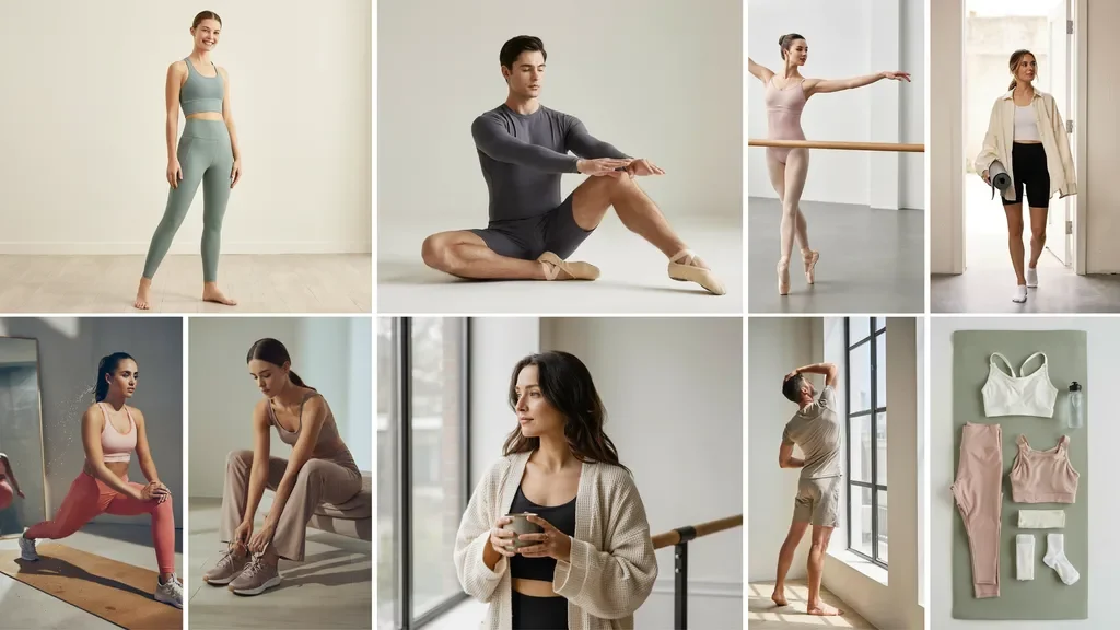Collage of Pilates outfits showing different styles for men and women in modern studio and lifestyle settings.