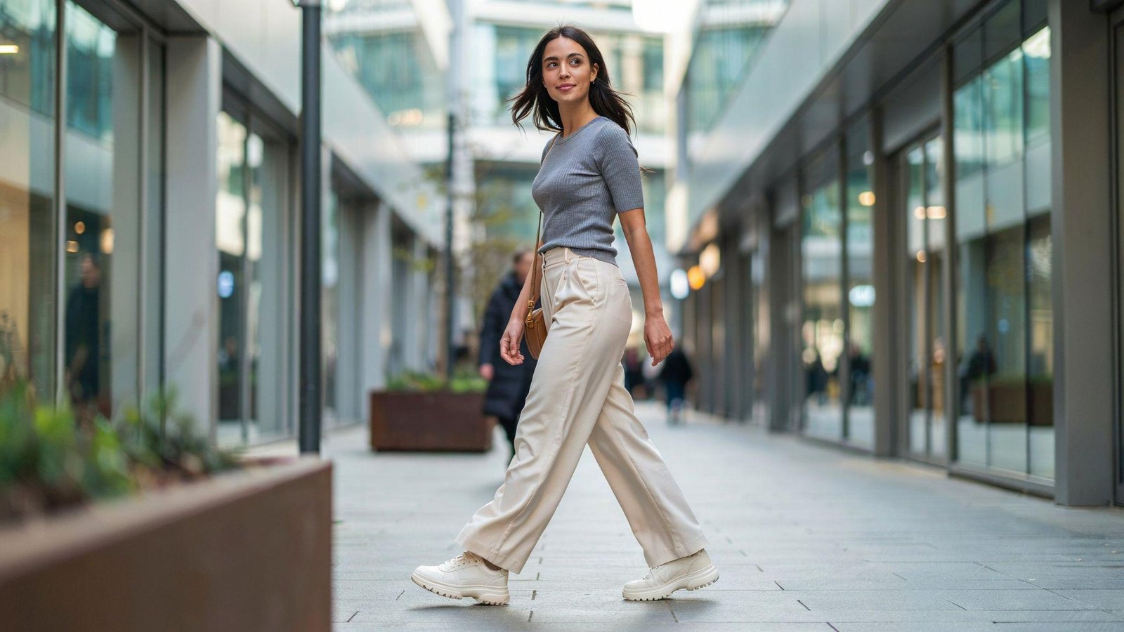 "Woman wearing wide leg pants with chunky sneakers for a balanced casual street style outfit"