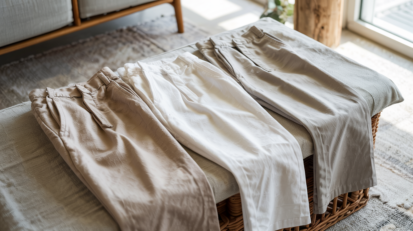 Neutral relaxed linen pants displayed neatly, highlighting a breathable and effortless coastal wardrobe style.