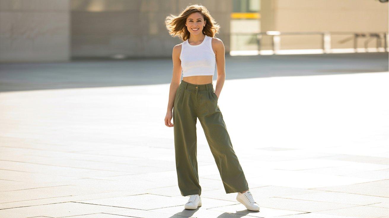 Olive green pants paired with white crop top for fresh summer fashion
