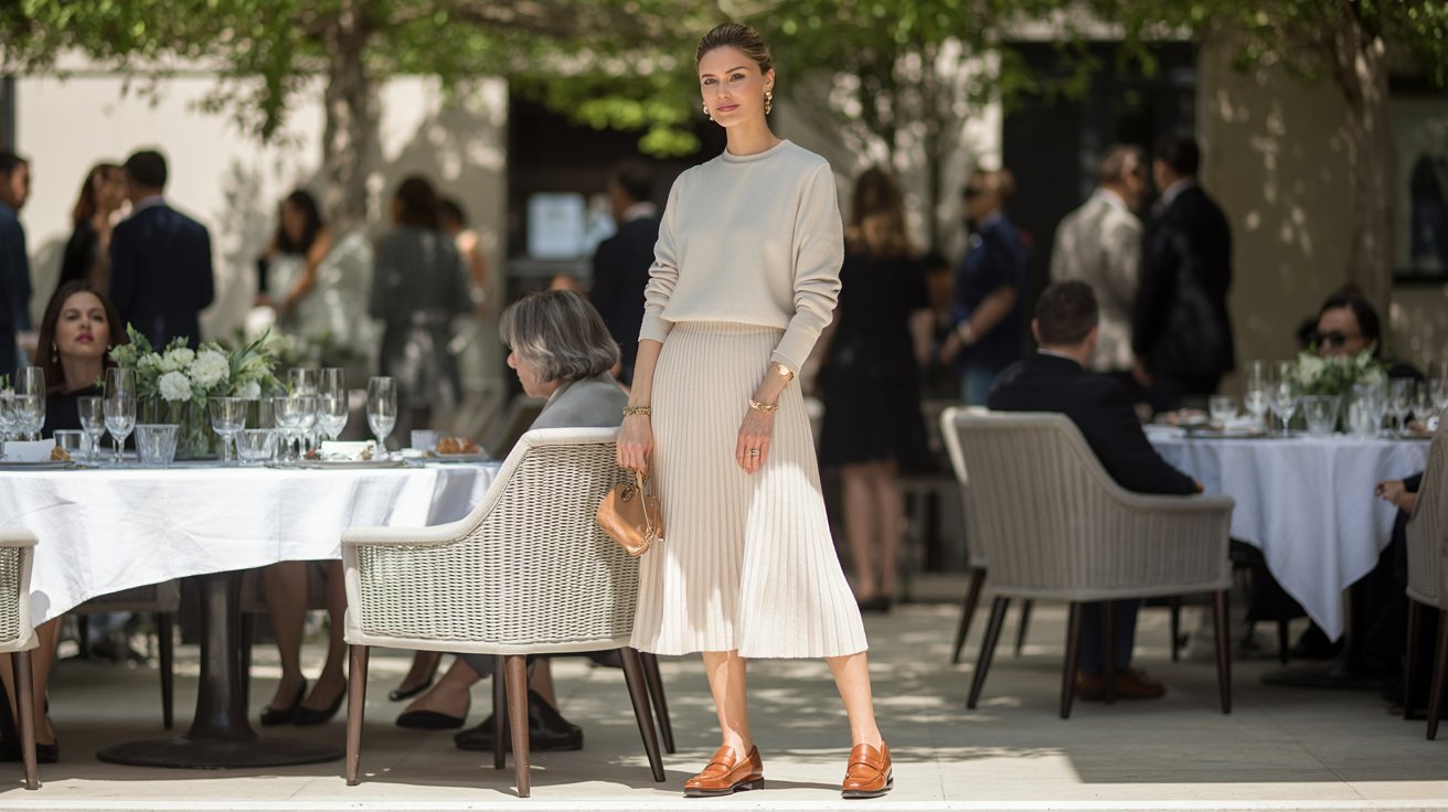 Woman in a knit midi dress and loafers at a daytime luncheon