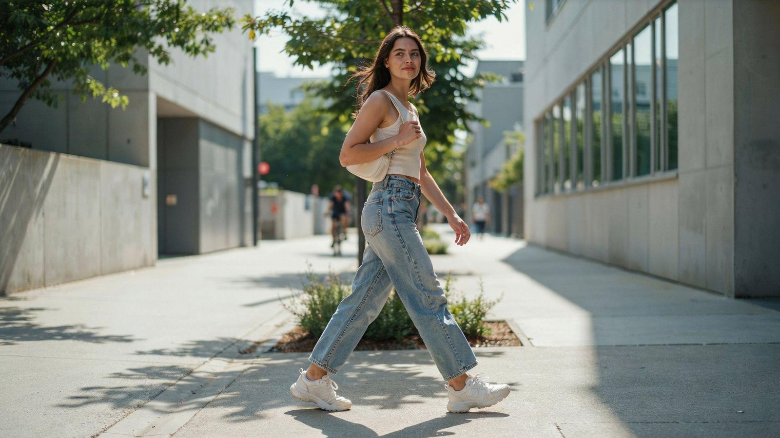 "Woman wearing wide leg jeans with a cropped top and chunky sneakers in a casual street style outfit"