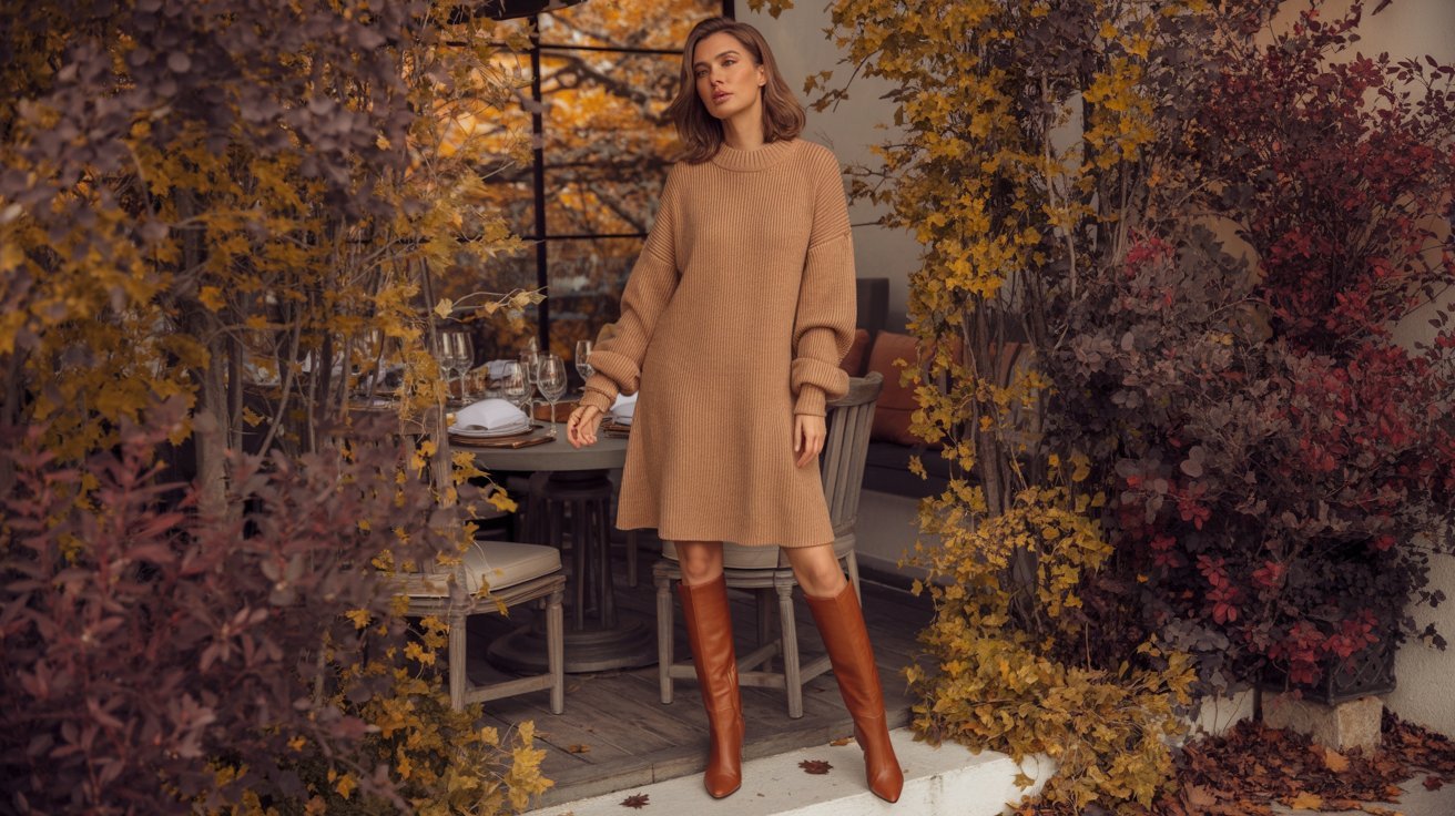 Woman wearing a sweater dress and knee-high boots at luncheon