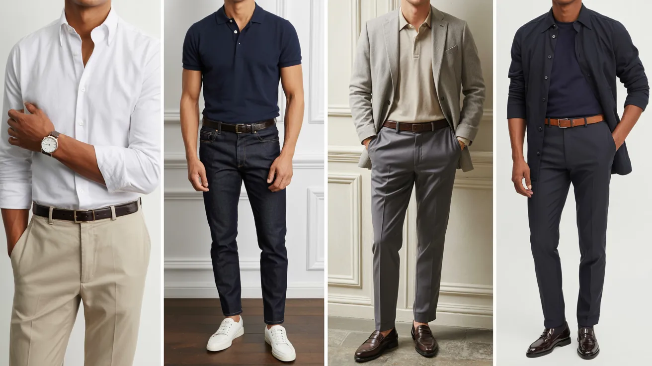 Collage of elevated casual men's outfits with shirts, polos, chinos, blazers, jeans, and refined accessories.