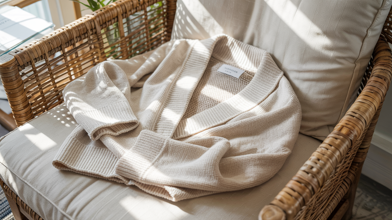 Lightweight neutral cardigans displayed in a soft coastal setting, highlighting cozy and effortless layering for everyday wear.