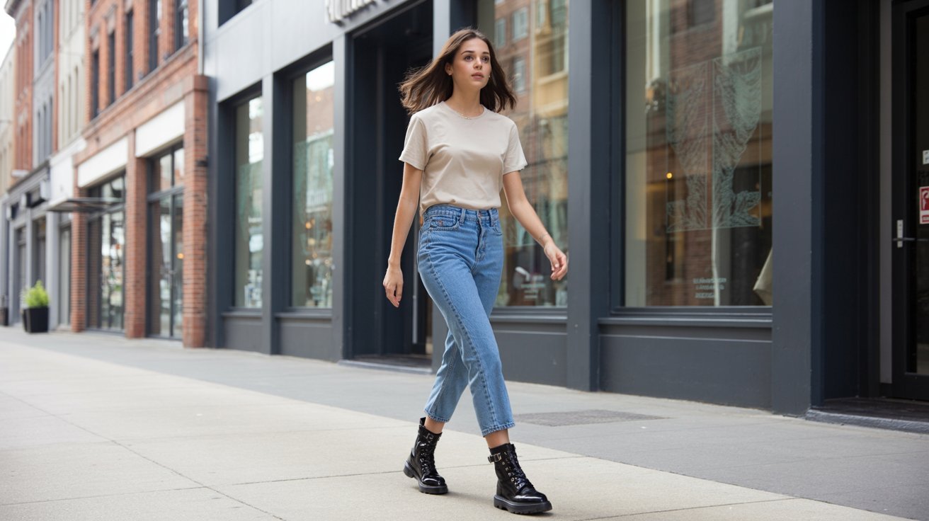 Cropped jeans highlighting combat boots in a stylish everyday outfit combination.