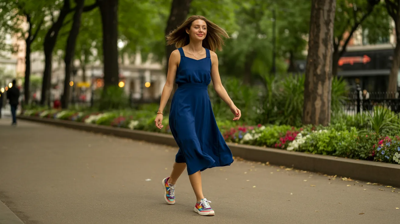 Colorful sneakers paired with a navy dress for a casual outfit.