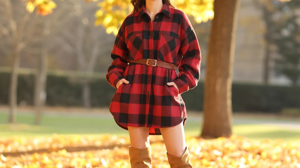 Oversized flannel shirt worn as a dress.