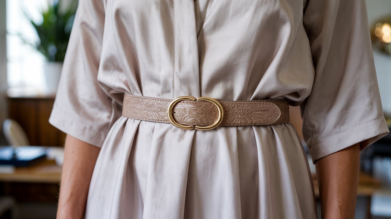 "Elegant gold belt buckle styled over a flowy midi dress for a defined waist look"