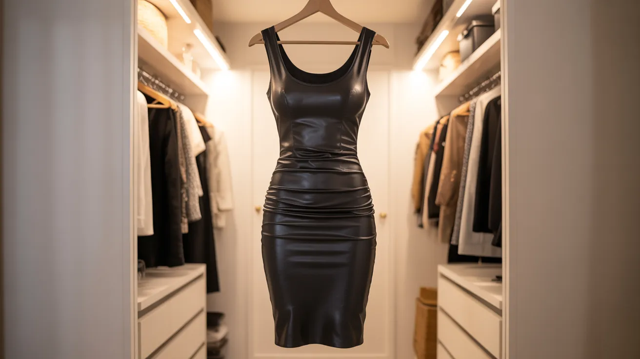 Black fitted leather bodycon dress hanging on a wooden hanger in an organized closet in the background.